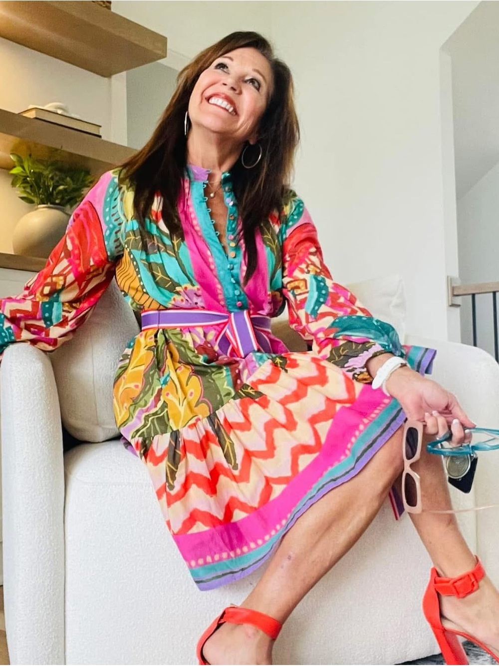 ANTONIO MELANI Bright Brynn  Printed Cotton Midi Dress with Ribbon Belt